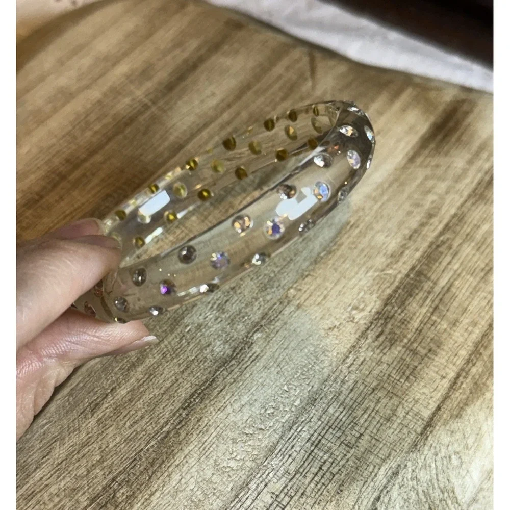 Vintage Clear Lucite Rhinestone Bangle Bracelet | Embedded Crystals |‎ Retro